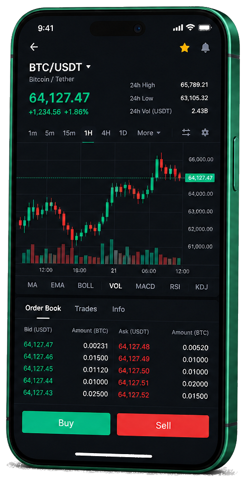 Screenshot of Linden Vermovale app on mobile presenting live BTC/AUD chart, order book, and trading features